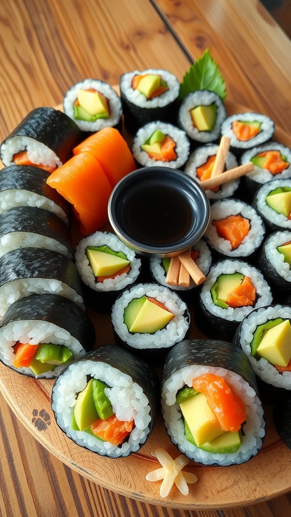 A platter of colorful sushi rolls with salmon, avocado, and cucumber served with soy sauce, ginger, and wasabi.